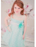 Sheer Neck Organza Polka Dot Tea Length Flower Girl Dress